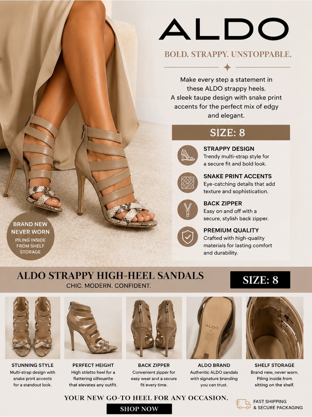 ALDO Taupe Strappy High-Heel Sandals with Snake-Print Accents